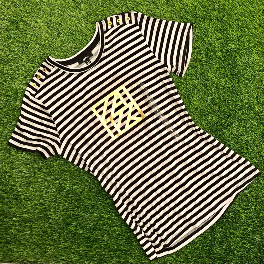 Anne Klein NWT sport stripe metallic logo bottom graphic tee.
